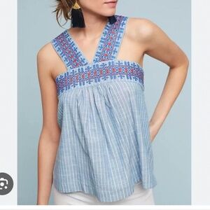 Anthropologie Kopal Babydoll Denim Blue & White Striped Embroidered Tank Top